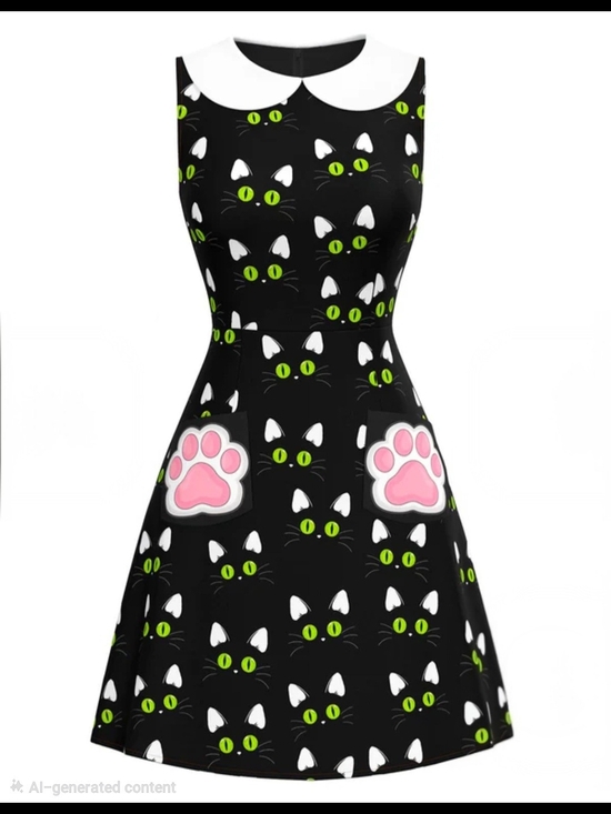 Retro Stage Dresses & Skirts - Sleeveless Black Cat Print A-line Dress with Pink Paw Pockets From Retro Stage